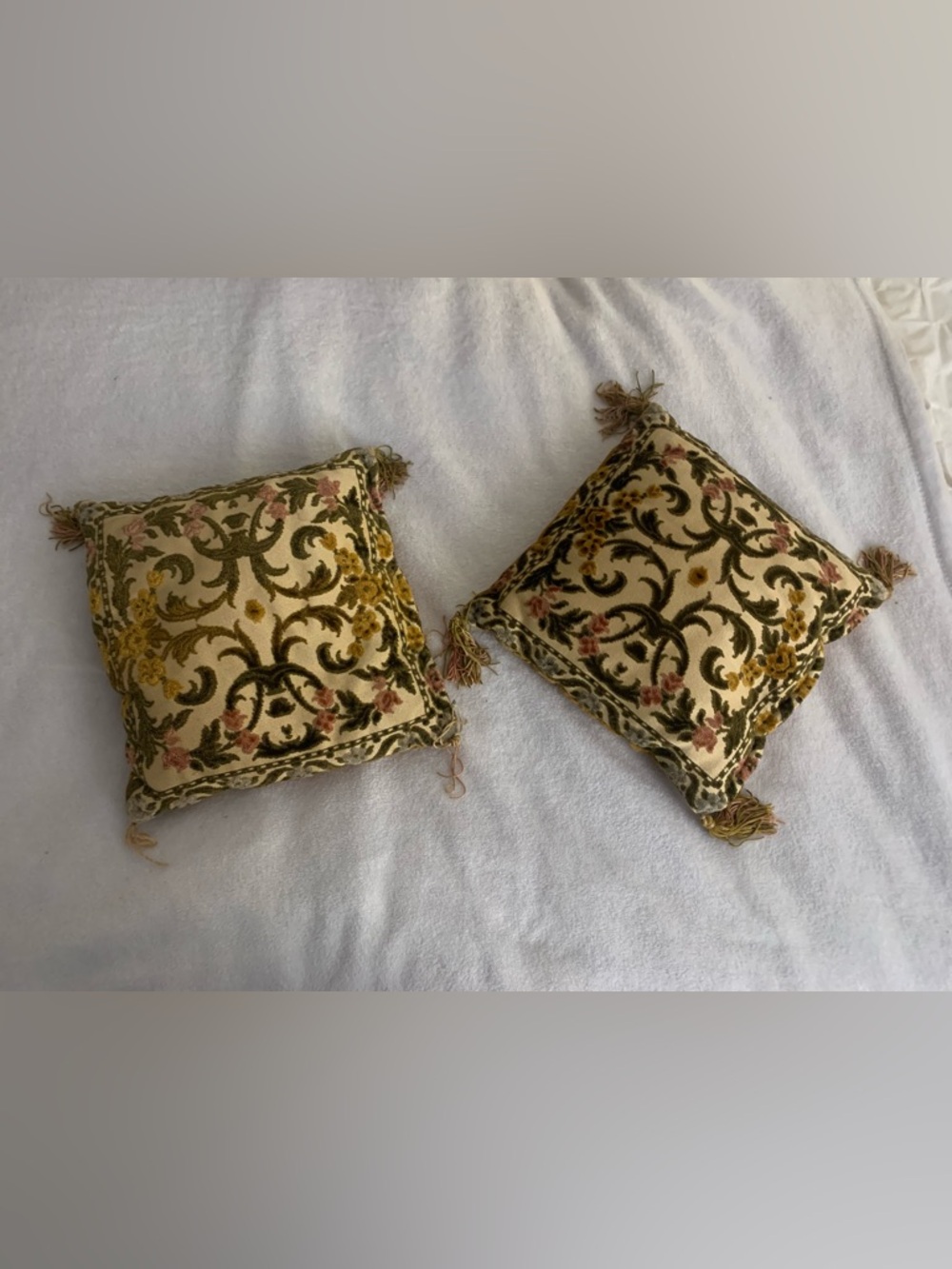 Antique Velvet Damask Floral Throw Pillows with Tassel Trim approx 10 x 10